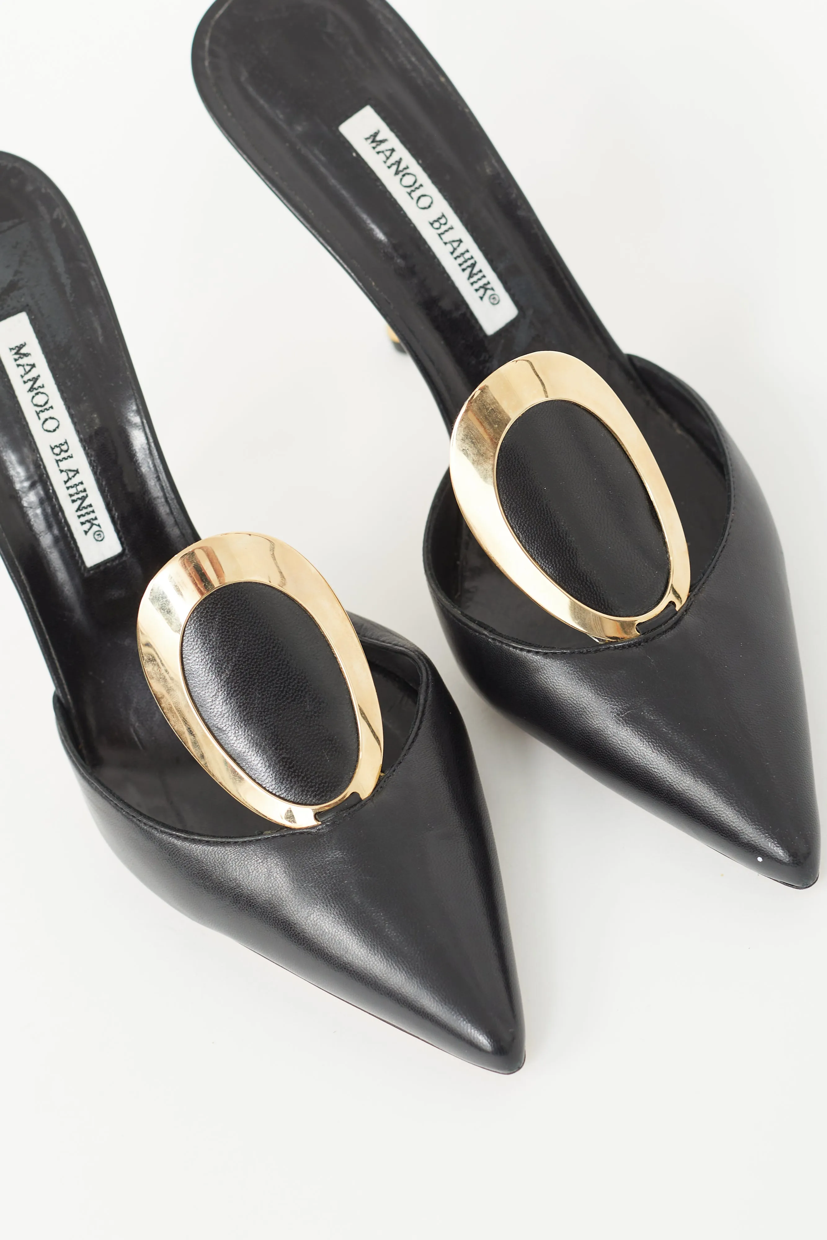 Black & Gold Leather Geometric Embellished Mule