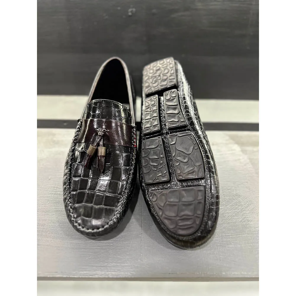 Black Croco Driving Tassel Loafers   Burgundy Saddle