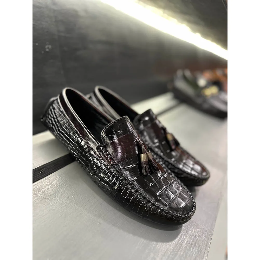 Black Croco Driving Tassel Loafers   Burgundy Saddle