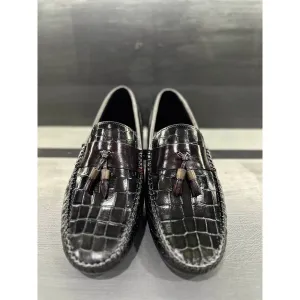 Black Croco Driving Tassel Loafers   Burgundy Saddle