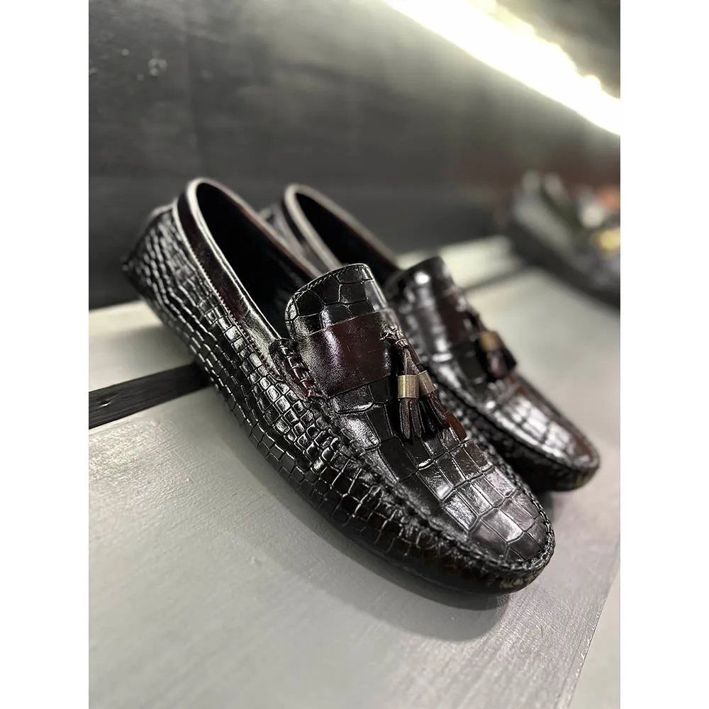 Black Croco Driving Tassel Loafers   Burgundy Saddle