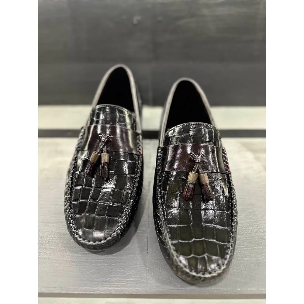 Black Croco Driving Tassel Loafers   Burgundy Saddle