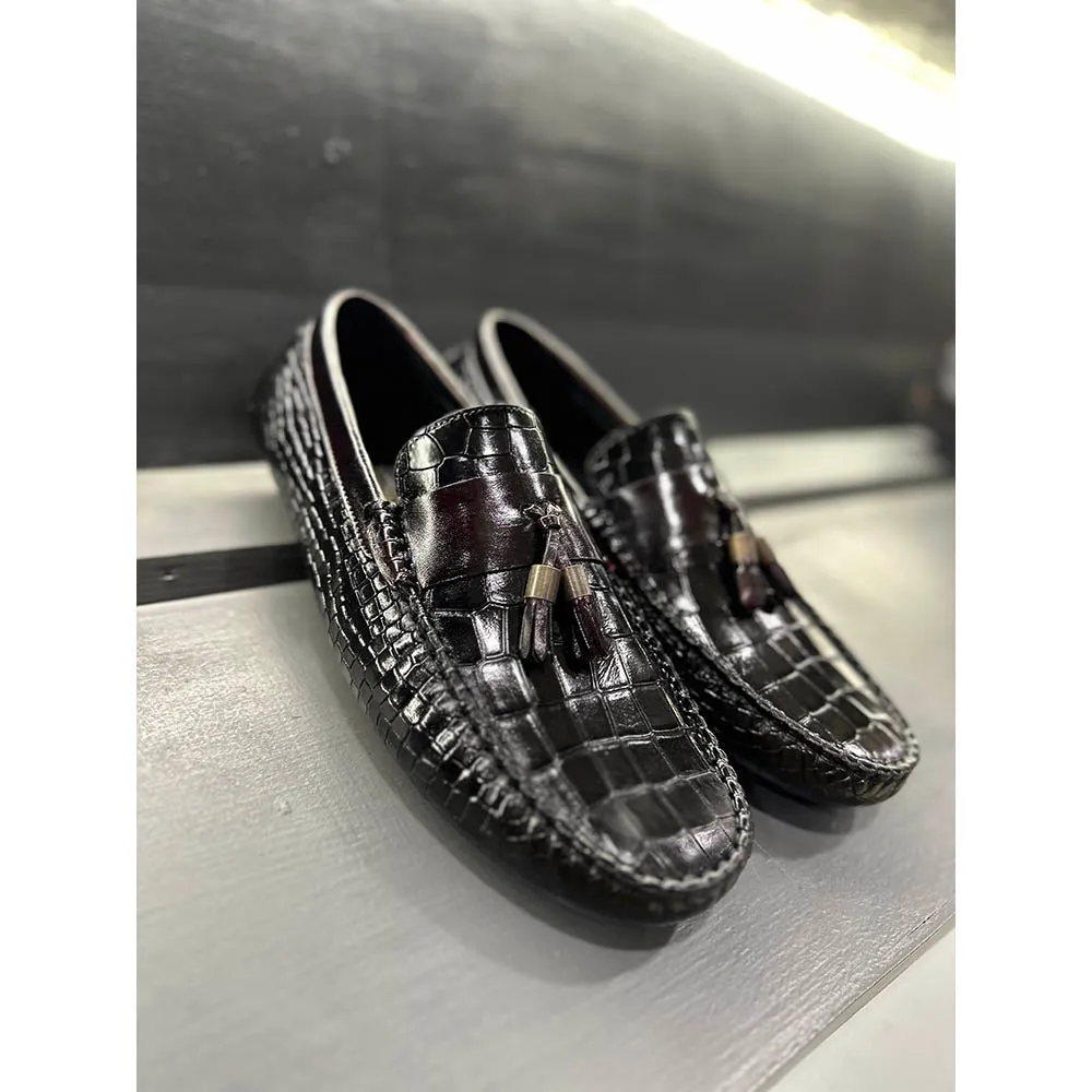 Black Croco Driving Tassel Loafers   Burgundy Saddle