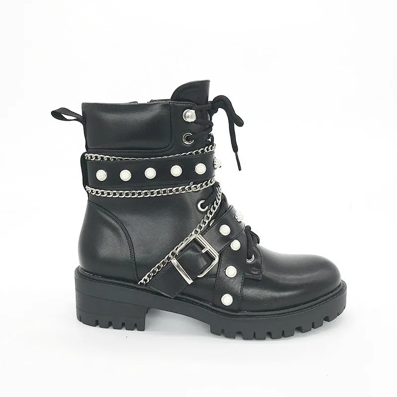 Black Kiss - Gothic Motorcycle Boots with Chunky Heel by The Nevermore