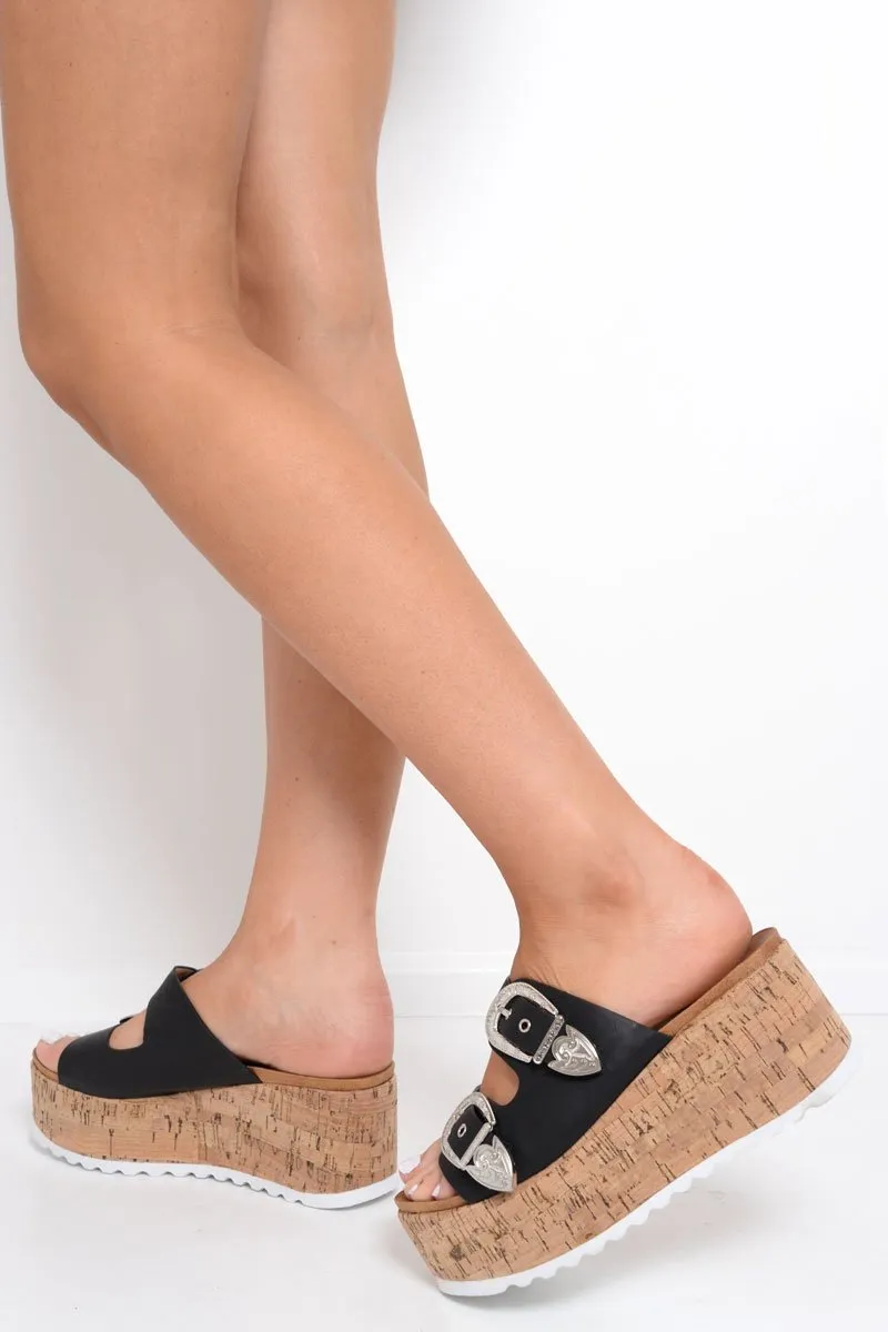 Black Western Buckle Wedged Mule - Iszabella