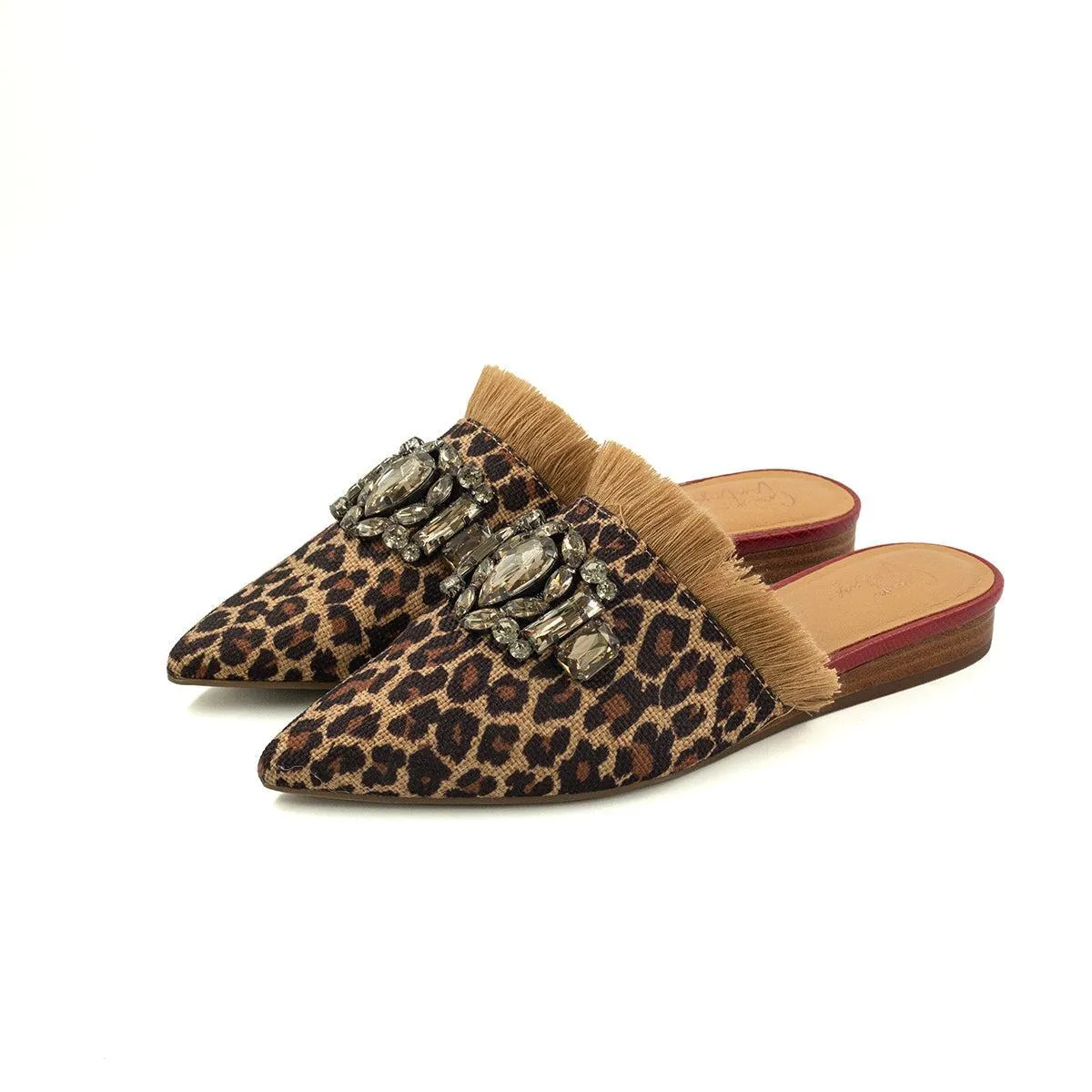 Crown Vintage Emmereth Jeweled Leopard Mule Flat Sandals Fabric Brown Colour For Women