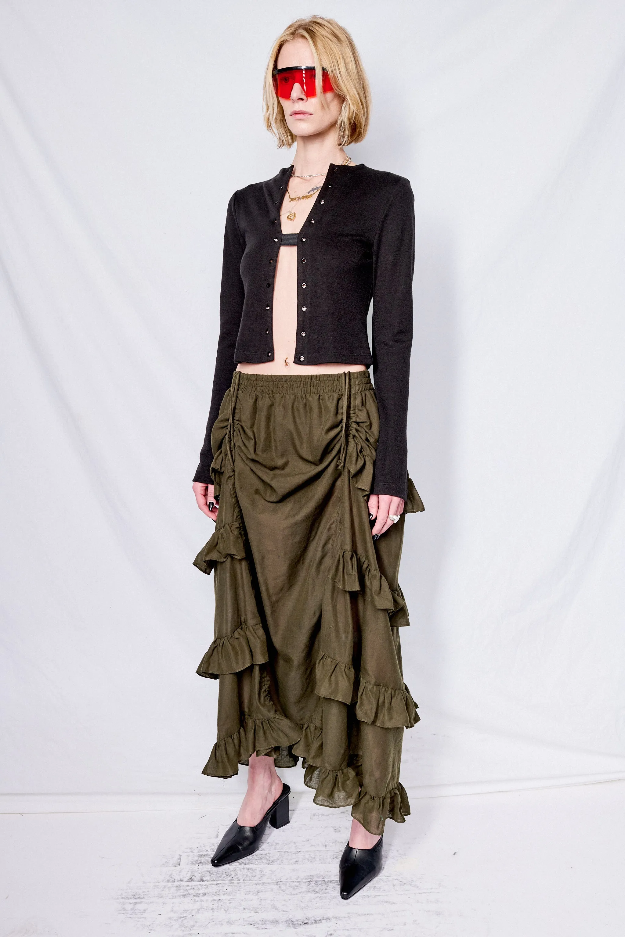Dark Green Cotton Ruffle Skirt