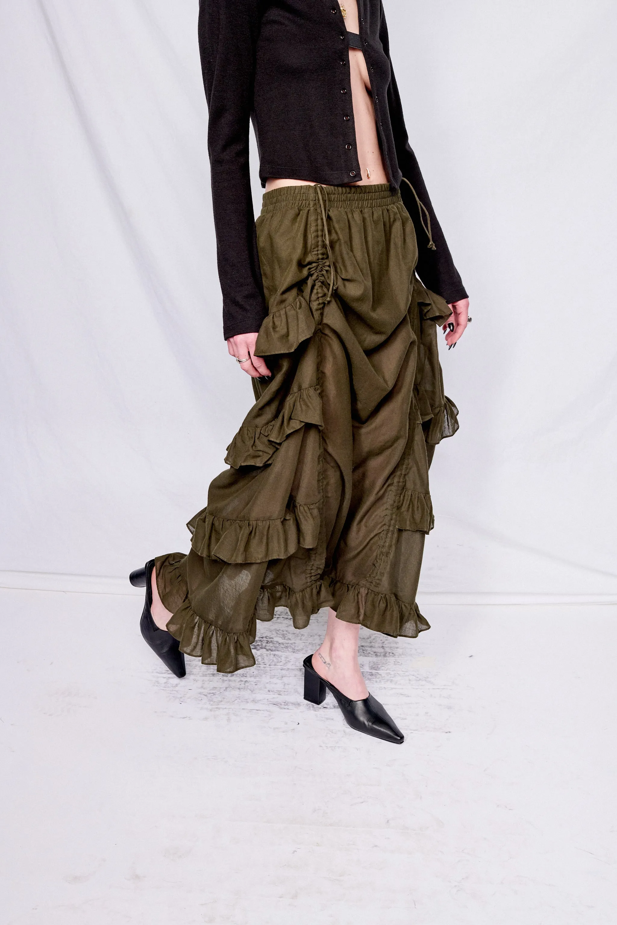 Dark Green Cotton Ruffle Skirt