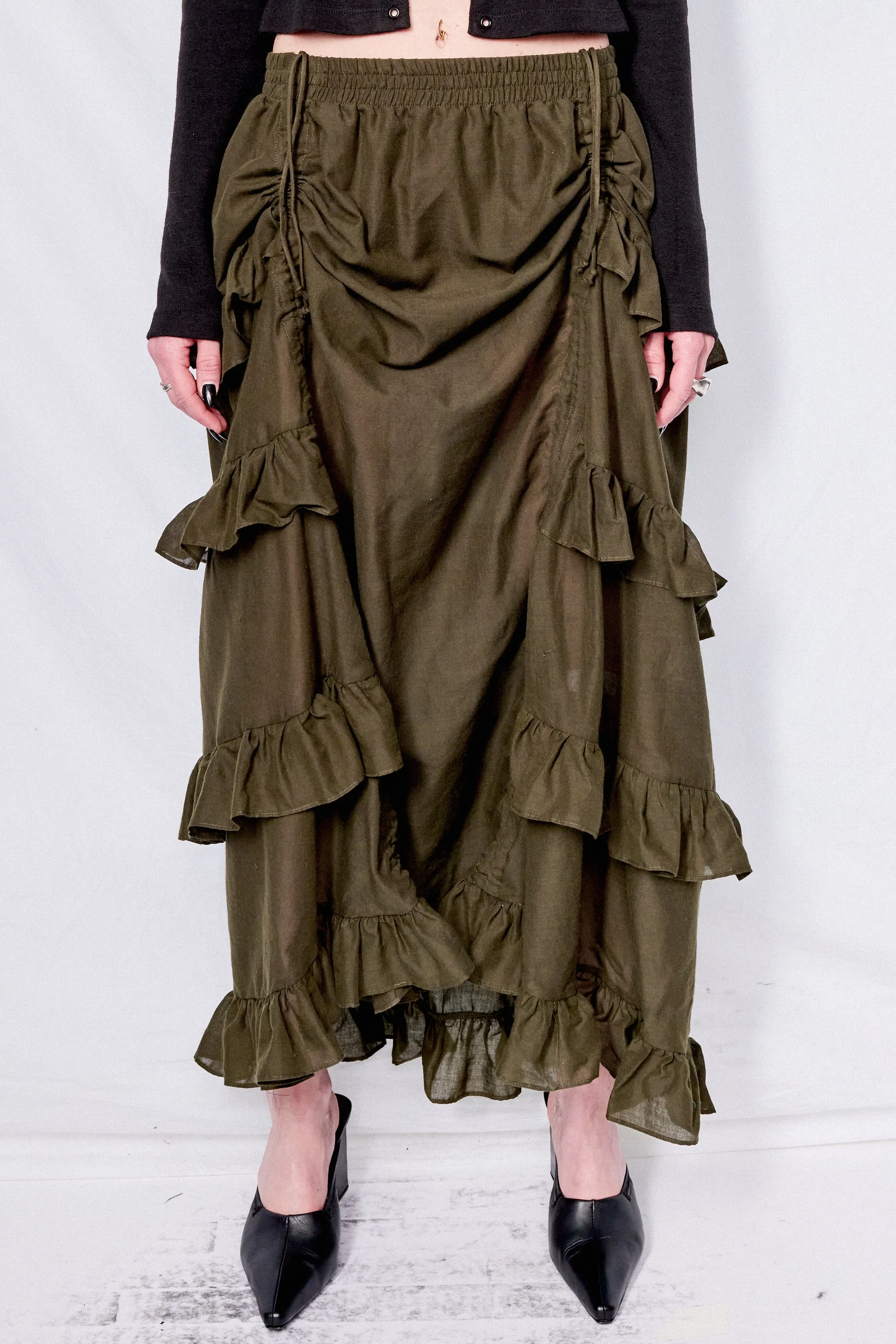 Dark Green Cotton Ruffle Skirt