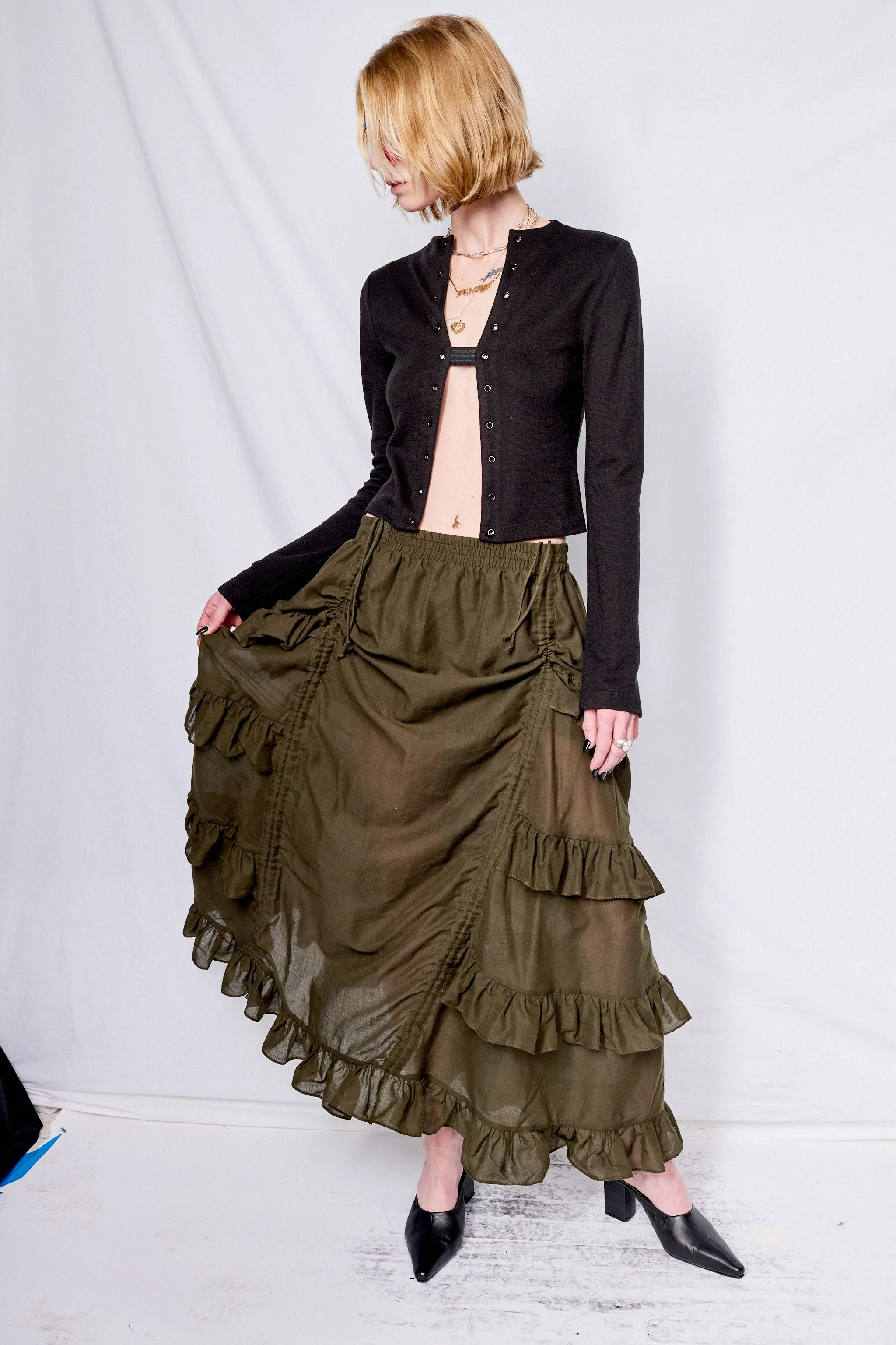 Dark Green Cotton Ruffle Skirt