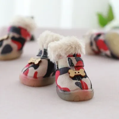 Faux Shearling Suede Snow Boots with Bone Applique