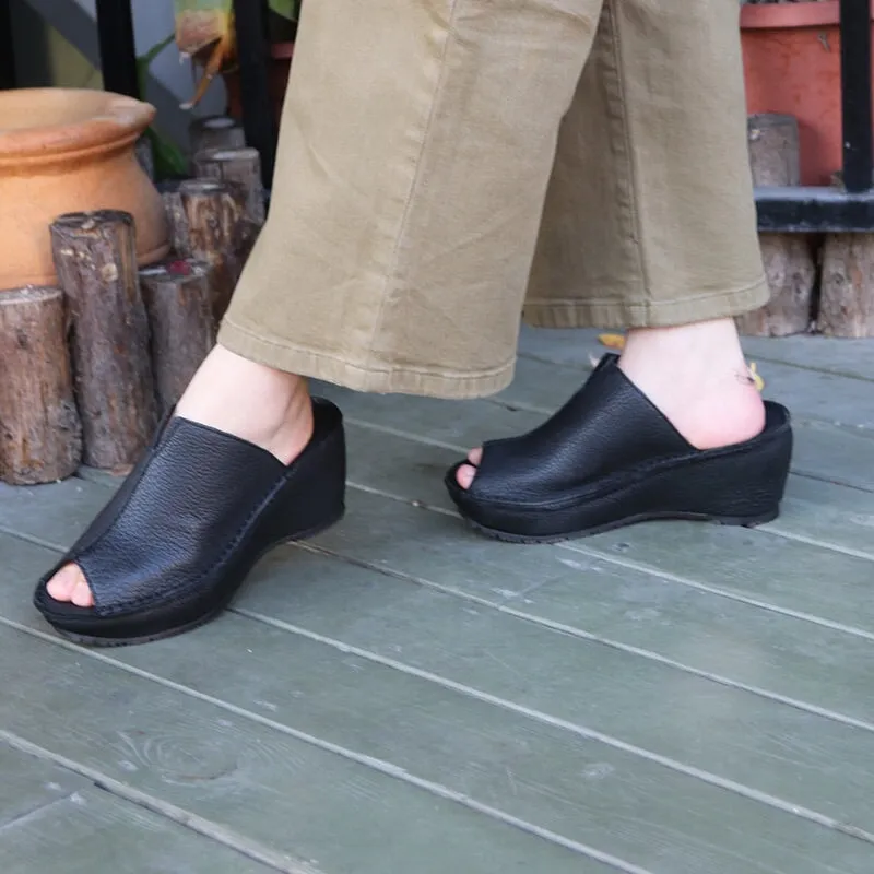 Genuine Leather Wedge Sandals For Women Peep Toe Slingbacks in Black/Beige/Brown/Yellow