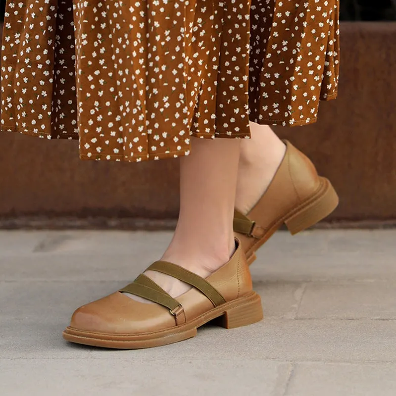 Handmade Leather Strappy Mary Jane Flats Block Heel School Style in Khaki/Brown