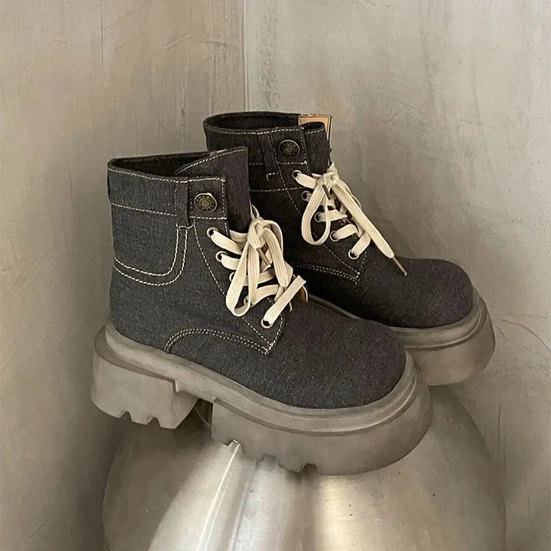 Hnzxzm Lace Up Women Motorcycle Boots Fashion British Style Shoes Autumn Winter Thick High Heel Women's Short Booties