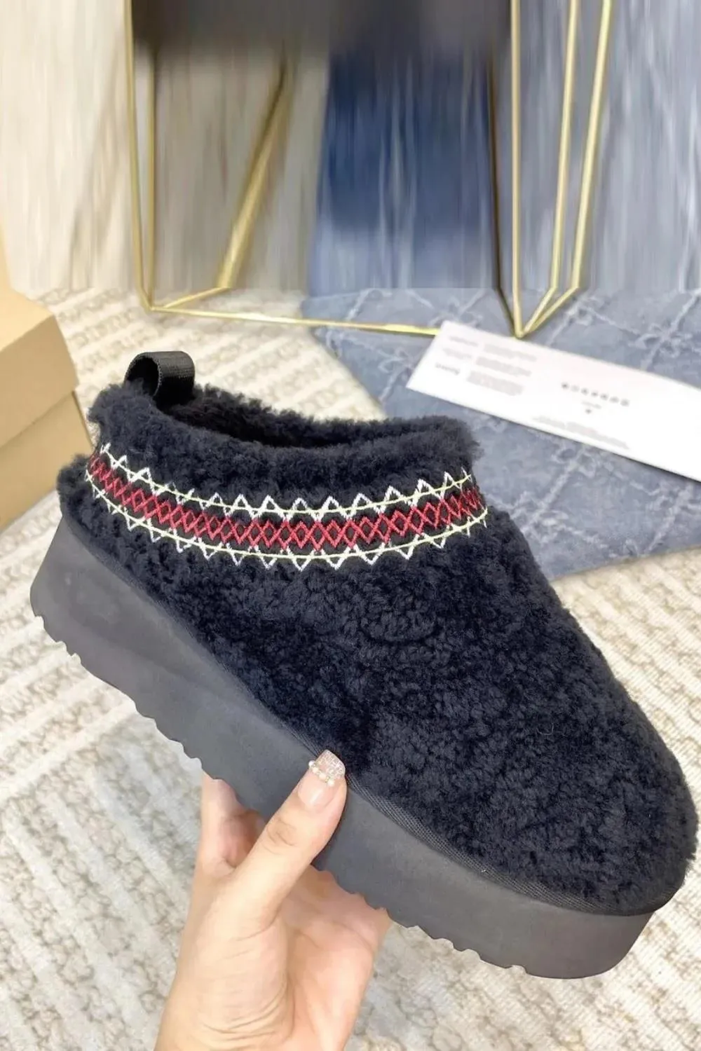 House Of Sehrish HC001 Black Shearling Platform Slippers Faux Fur Lined Ankle Boots