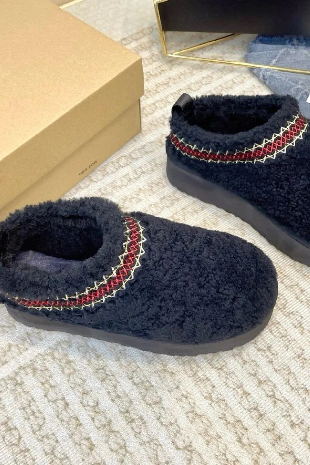 House Of Sehrish HC001 Black Shearling Platform Slippers Faux Fur Lined Ankle Boots