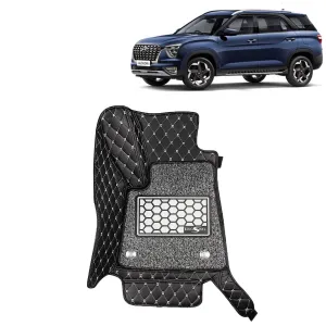 KINGSWAY® Alcazar 7D Car Mat for (Year 2021 Onwards), Compatible with Hyundai Alcazar 6 Seater Car Floor Mats, Complete Set of 4 Pieces, Top-Notch PU Leatherette 7D Foot Mats, Washable, Black