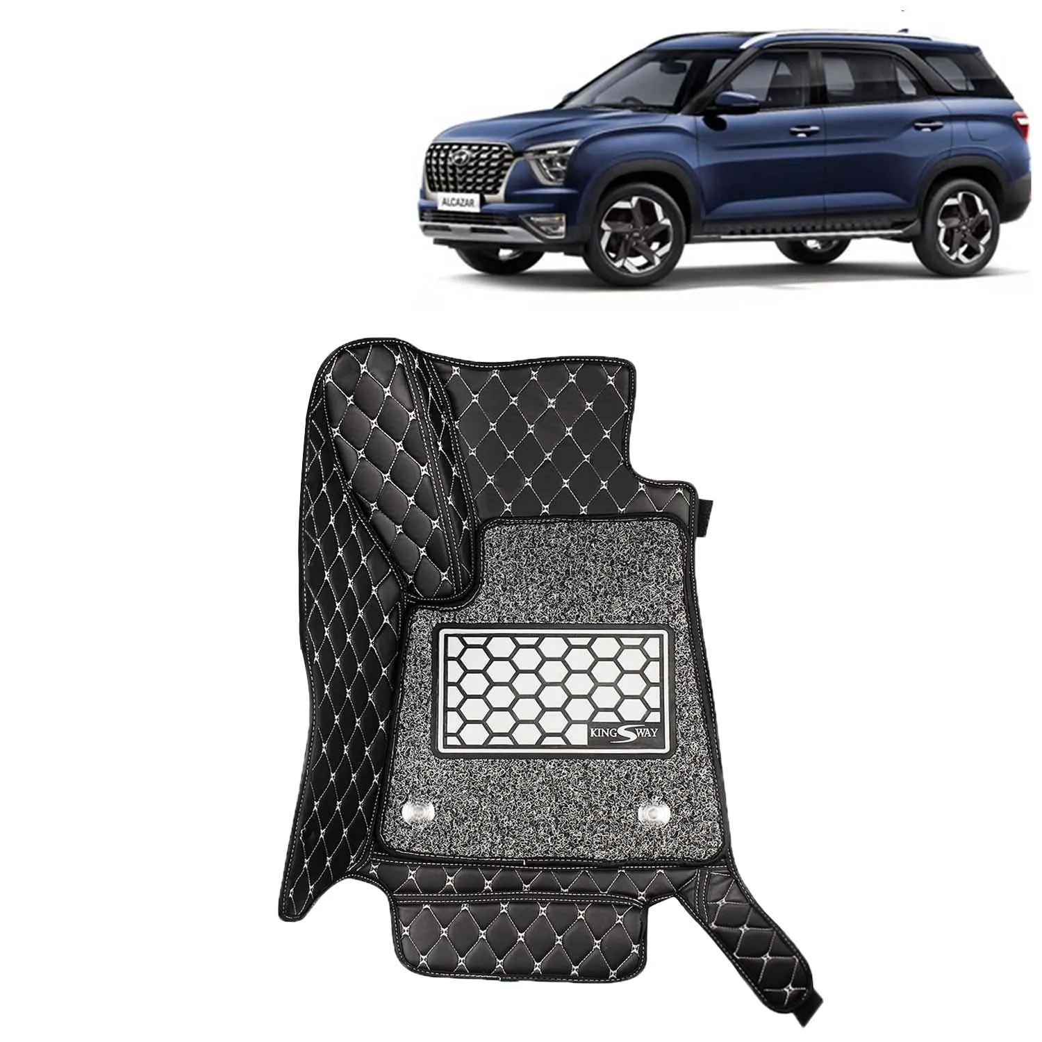 KINGSWAY® Alcazar 7D Car Mat for (Year 2021 Onwards), Compatible with Hyundai Alcazar 6 Seater Car Floor Mats, Complete Set of 4 Pieces, Top-Notch PU Leatherette 7D Foot Mats, Washable, Black