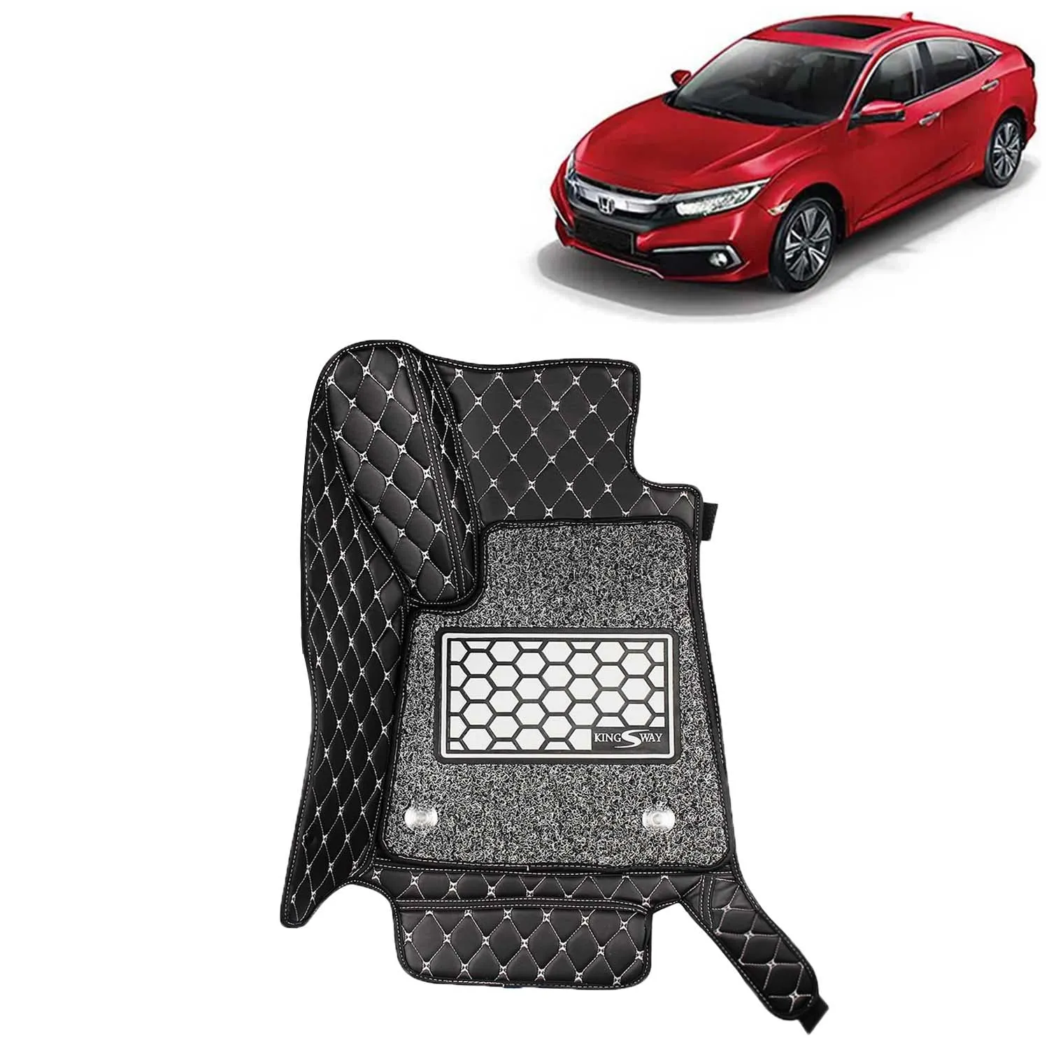 KINGSWAY® Civic 7D Car Mat for (Year 2019 to 2020), Compatible with Honda Civic Car Floor Mats, Complete Set of 3 Pieces, Top-Notch PU Leatherette 7D Foot Mats, Washable, Black