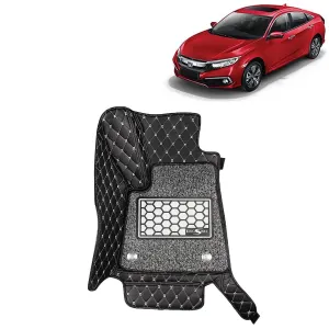 KINGSWAY® Civic 7D Car Mat for (Year 2019 to 2020), Compatible with Honda Civic Car Floor Mats, Complete Set of 3 Pieces, Top-Notch PU Leatherette 7D Foot Mats, Washable, Black