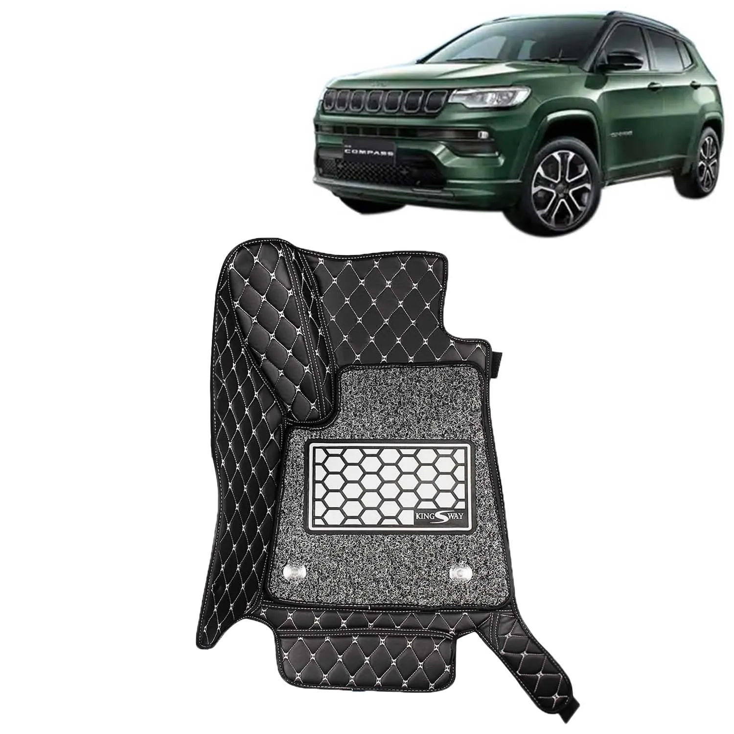 KINGSWAY® Compass 7D Car Mat for (Year 2021 Onwards), Compatible with Jeep Compass Car Floor Mats, Complete Set of 3 Pieces, Top-Notch PU Leatherette 7D Foot Mats, Washable, Black