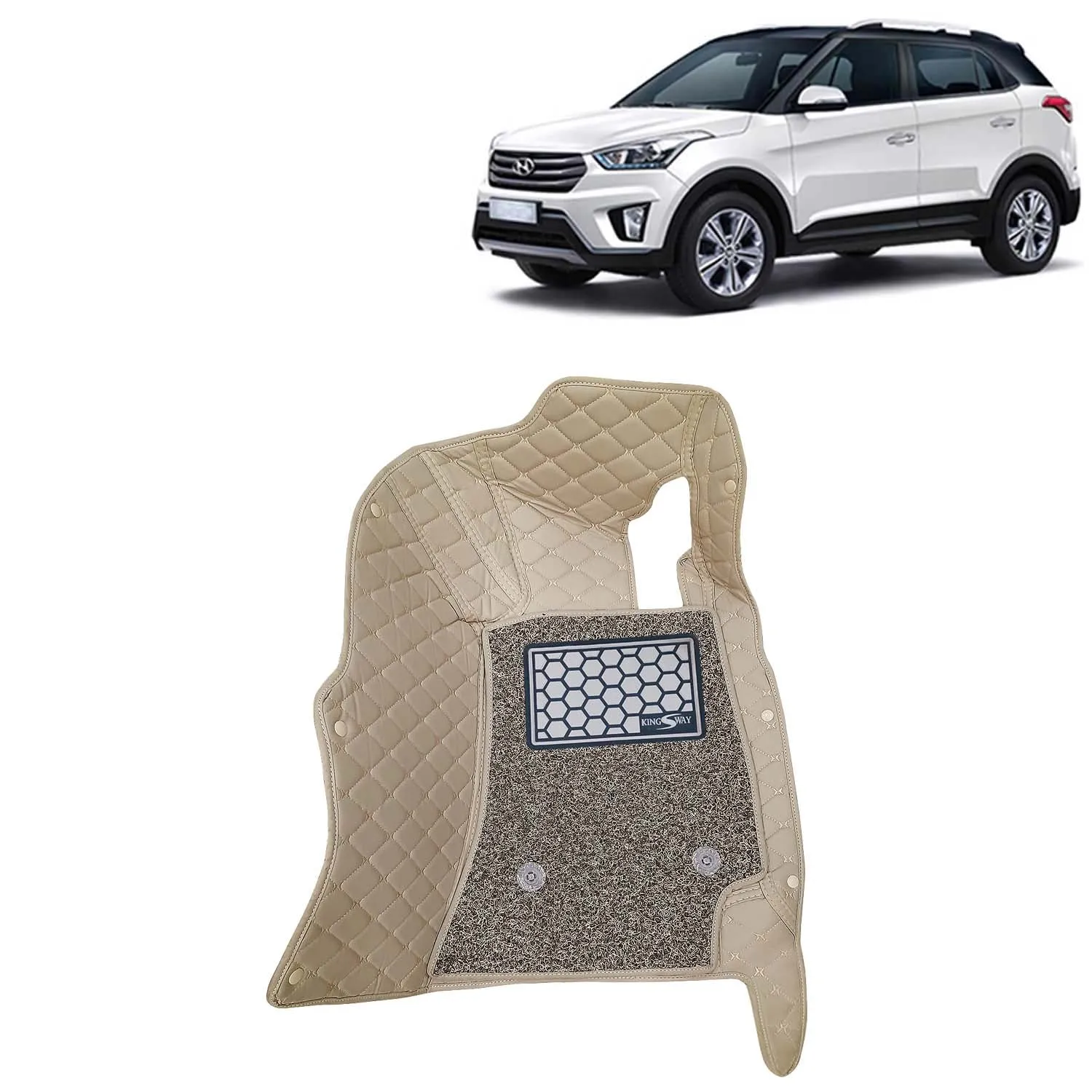 KINGSWAY® Creta 7D Car Mat for (Year 2015 to 2017), Compatible with Hyundai Creta Car Floor Mats, Complete Set of 3 Pieces, Top-Notch PU Leatherette 7D Foot Mats, Washable, Beige