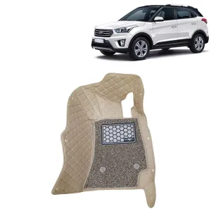 KINGSWAY® Creta 7D Car Mat for (Year 2015 to 2017), Compatible with Hyundai Creta Car Floor Mats, Complete Set of 3 Pieces, Top-Notch PU Leatherette 7D Foot Mats, Washable, Beige