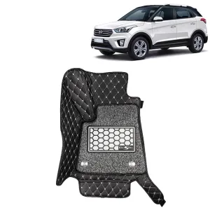 KINGSWAY® Creta 7D Car Mat for (Year 2015 to 2017), Compatible with Hyundai Creta Car Floor Mats, Complete Set of 3 Pieces, Top-Notch PU Leatherette 7D Foot Mats, Washable, Black