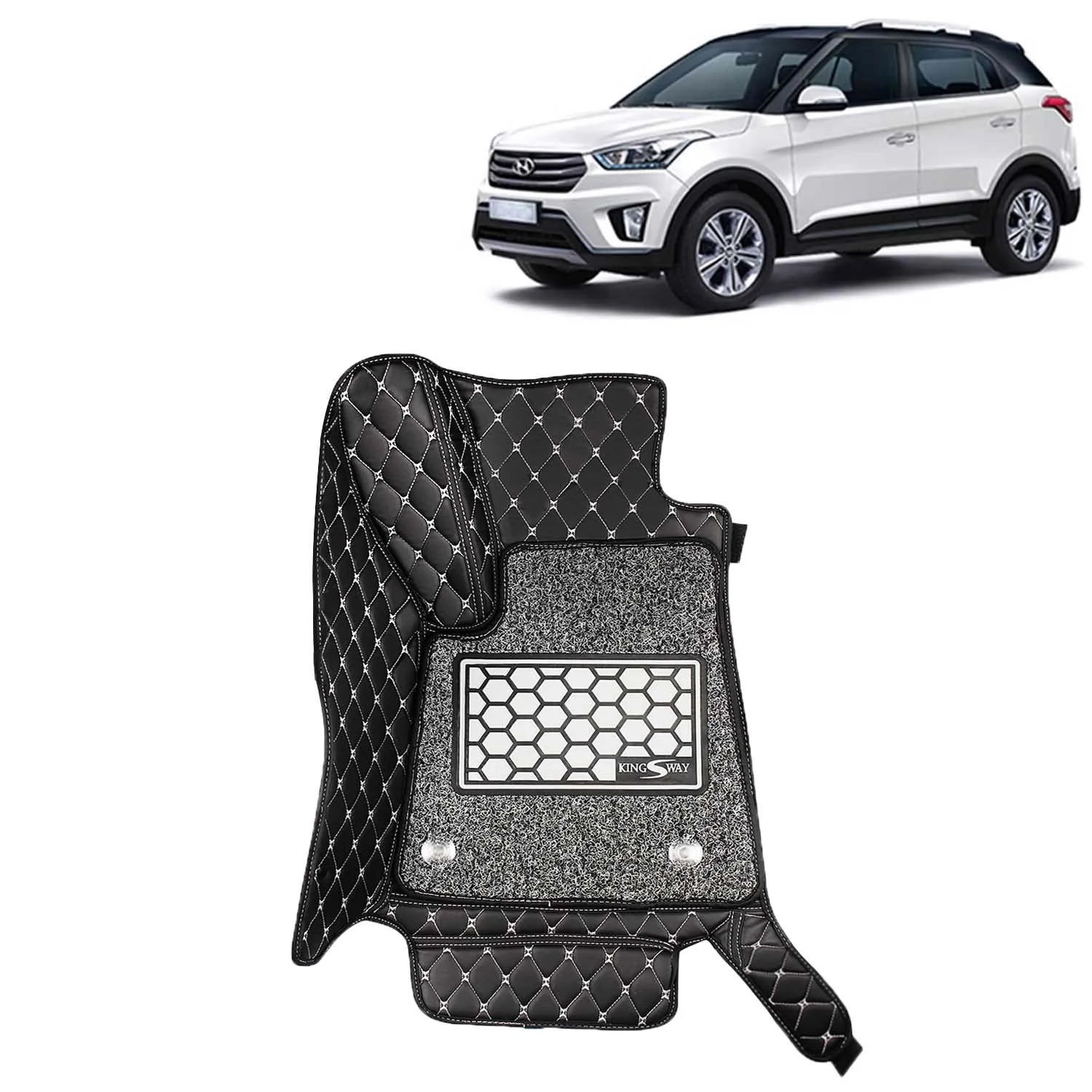 KINGSWAY® Creta 7D Car Mat for (Year 2015 to 2017), Compatible with Hyundai Creta Car Floor Mats, Complete Set of 3 Pieces, Top-Notch PU Leatherette 7D Foot Mats, Washable, Black