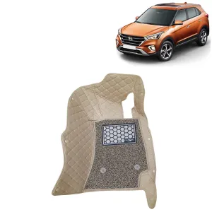 KINGSWAY® Creta 7D Car Mat for (Year 2018 to 2019), Compatible with Hyundai Creta Car Floor Mats, Complete Set of 3 Pieces, Top-Notch PU Leatherette 7D Foot Mats, Washable, Beige