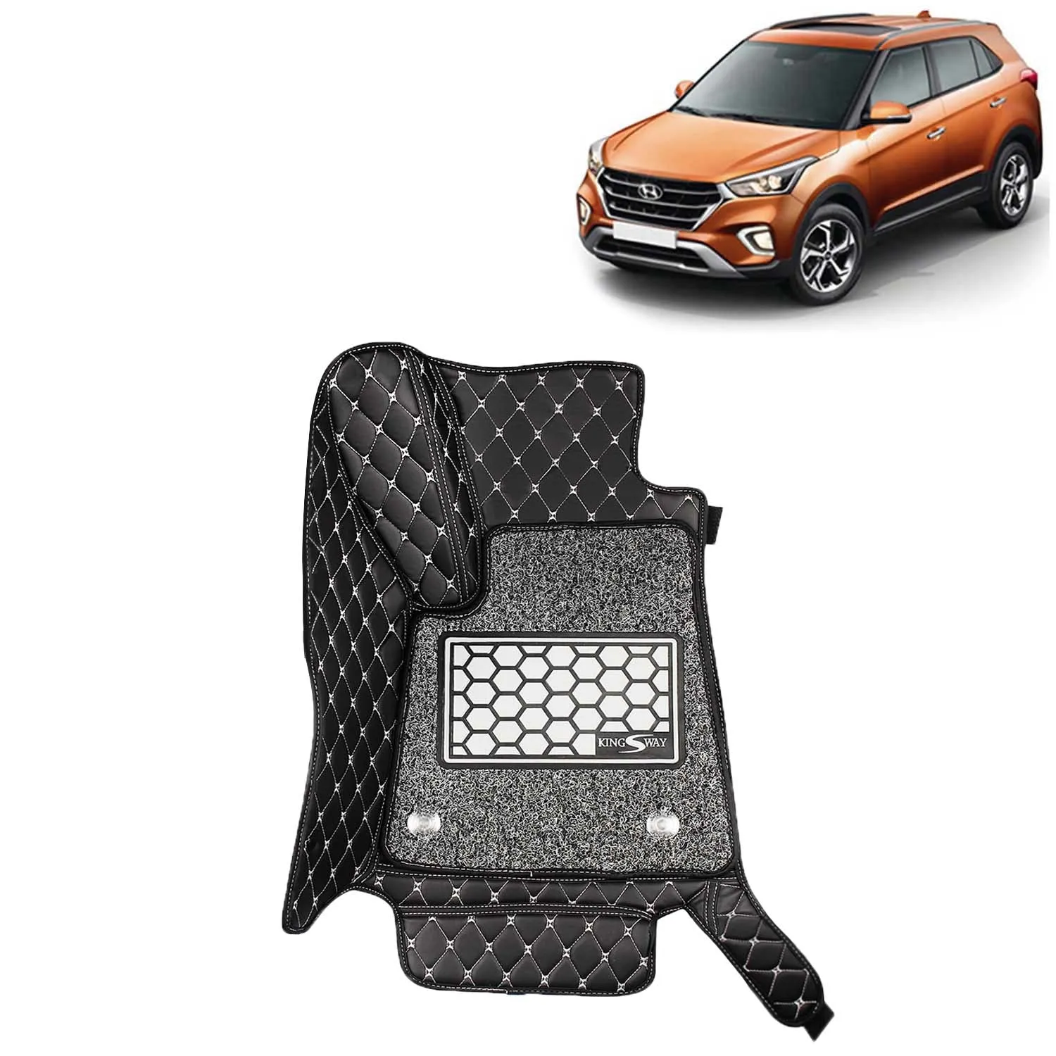 KINGSWAY® Creta 7D Car Mat for (Year 2018 to 2019), Compatible with Hyundai Creta Car Floor Mats, Complete Set of 3 Pieces, Top-Notch PU Leatherette 7D Foot Mats, Washable, Black