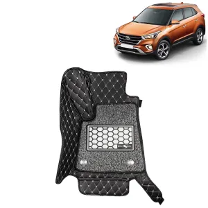 KINGSWAY® Creta 7D Car Mat for (Year 2018 to 2019), Compatible with Hyundai Creta Car Floor Mats, Complete Set of 3 Pieces, Top-Notch PU Leatherette 7D Foot Mats, Washable, Black