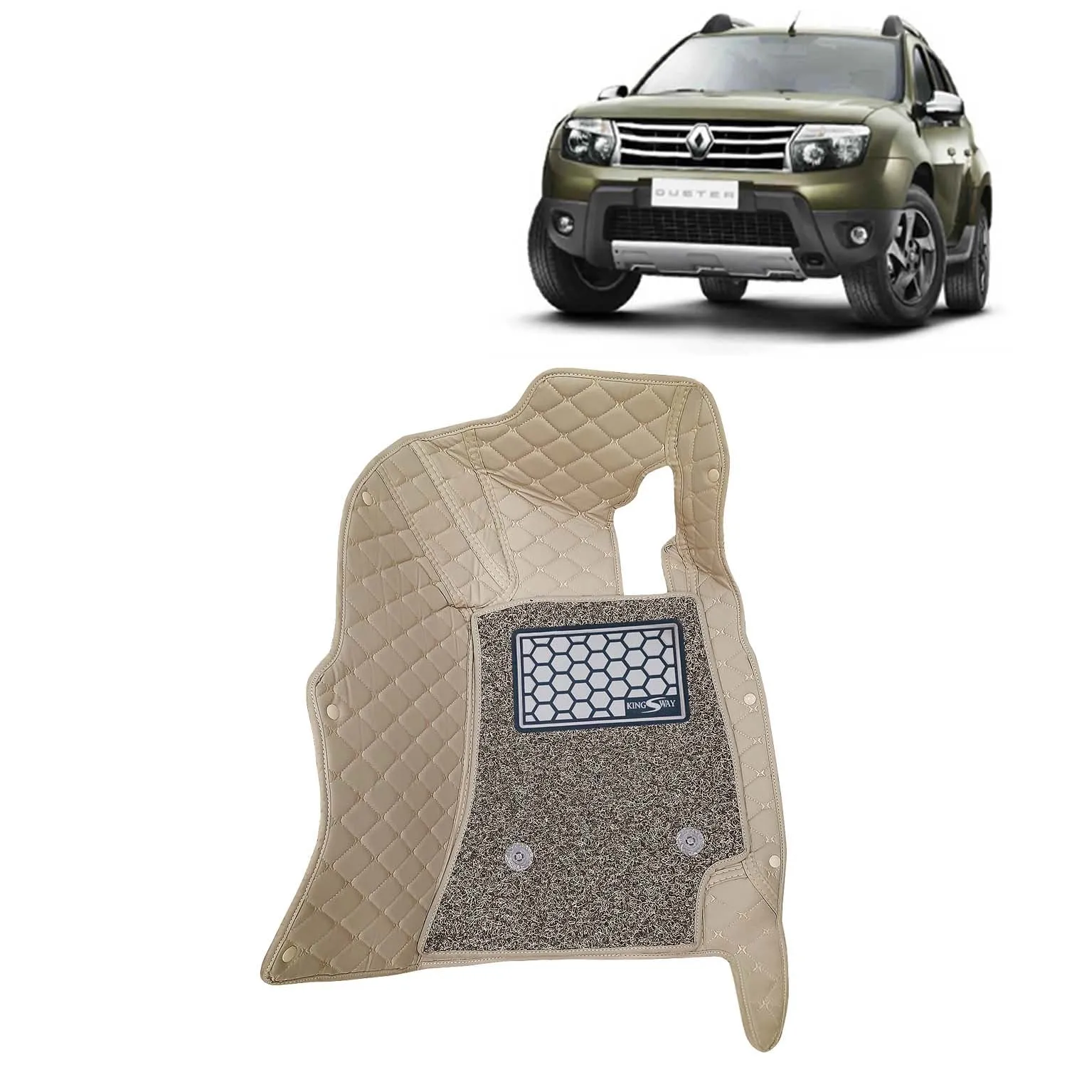 KINGSWAY® Duster 7D Car Mat for (Year 2012 to 2014), Compatible with Renault Duster Car Floor Mats, Complete Set of 3 Pieces, Top-Notch PU Leatherette 7D Foot Mats, Washable, Beige