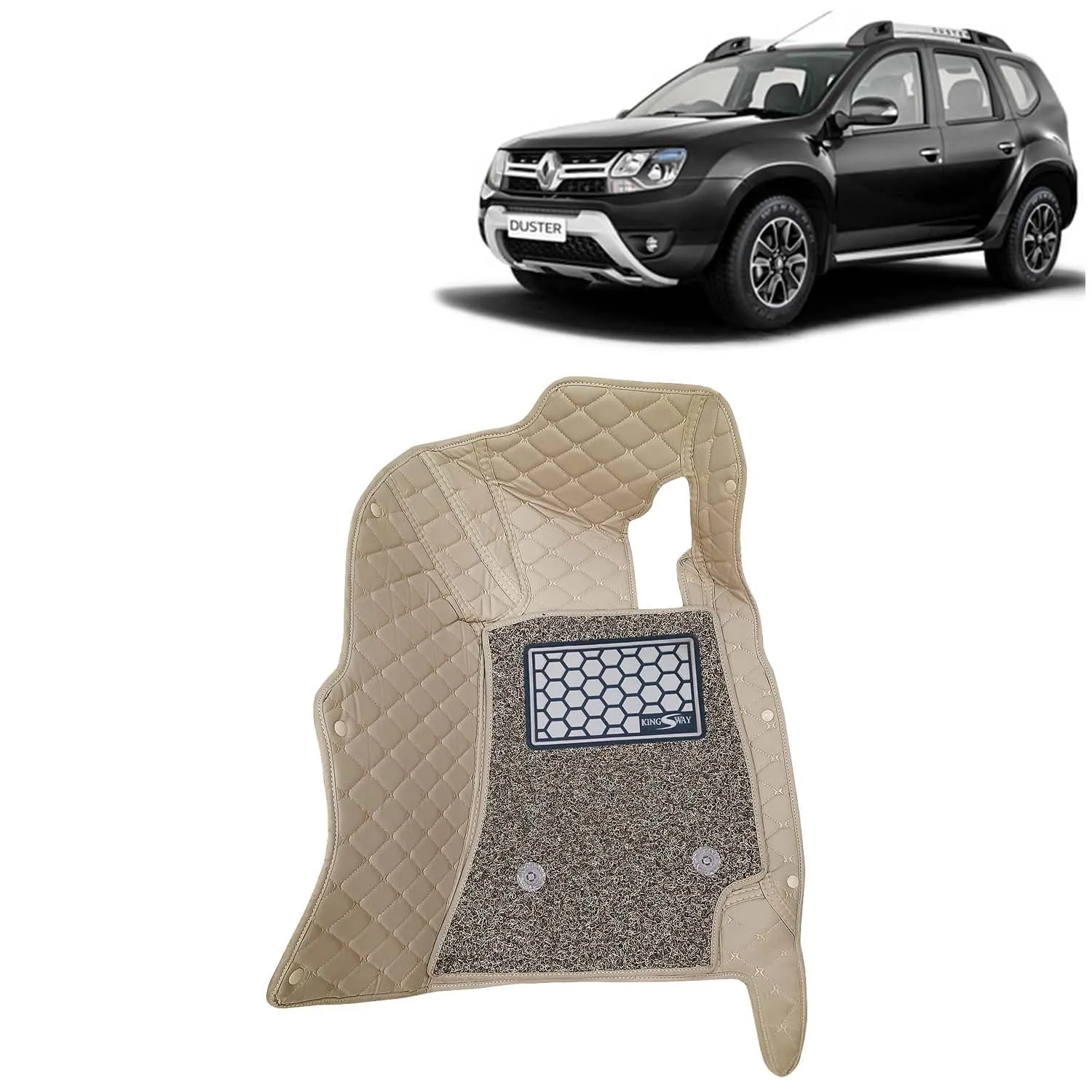 KINGSWAY® Duster 7D Car Mat for (Year 2014 to 2022), Compatible with Renault Duster Car Floor Mats, Complete Set of 3 Pieces, Top-Notch PU Leatherette 7D Foot Mats, Washable, Beige