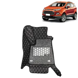 KINGSWAY® Ecosport 7D Car Mat for (Year 2012 to 2016), Compatible with Ford Ecosport Car Floor Mats, Complete Set of 3 Pieces, Top-Notch PU Leatherette 7D Foot Mats, Washable, Black