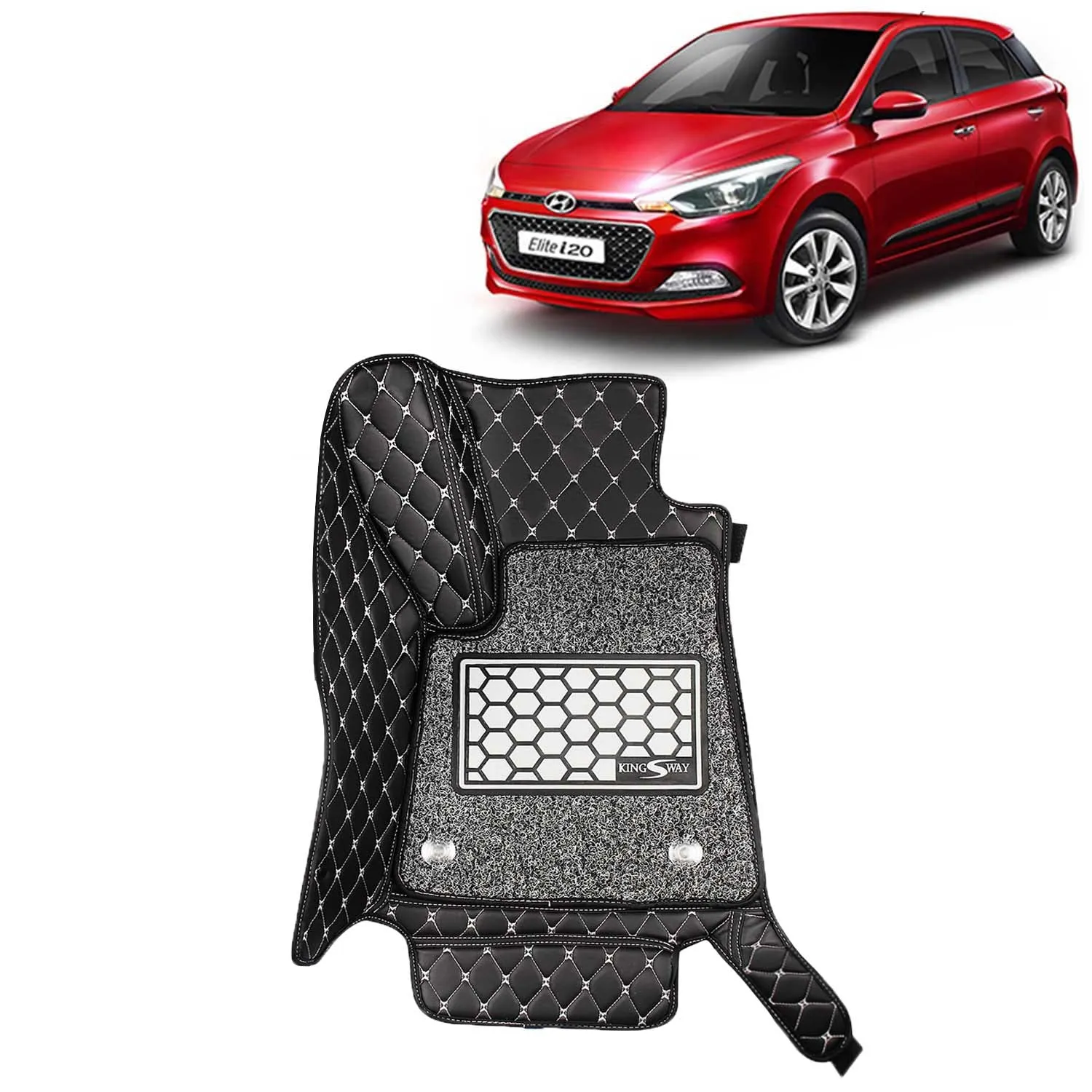 KINGSWAY® Elite I20 7D Car Mat for (Year 2014 to 2017), Compatible with Hyundai Elite I20 Car Floor Mats, Complete Set of 3 Pieces, Top-Notch PU Leatherette 7D Foot Mats, Washable, Black
