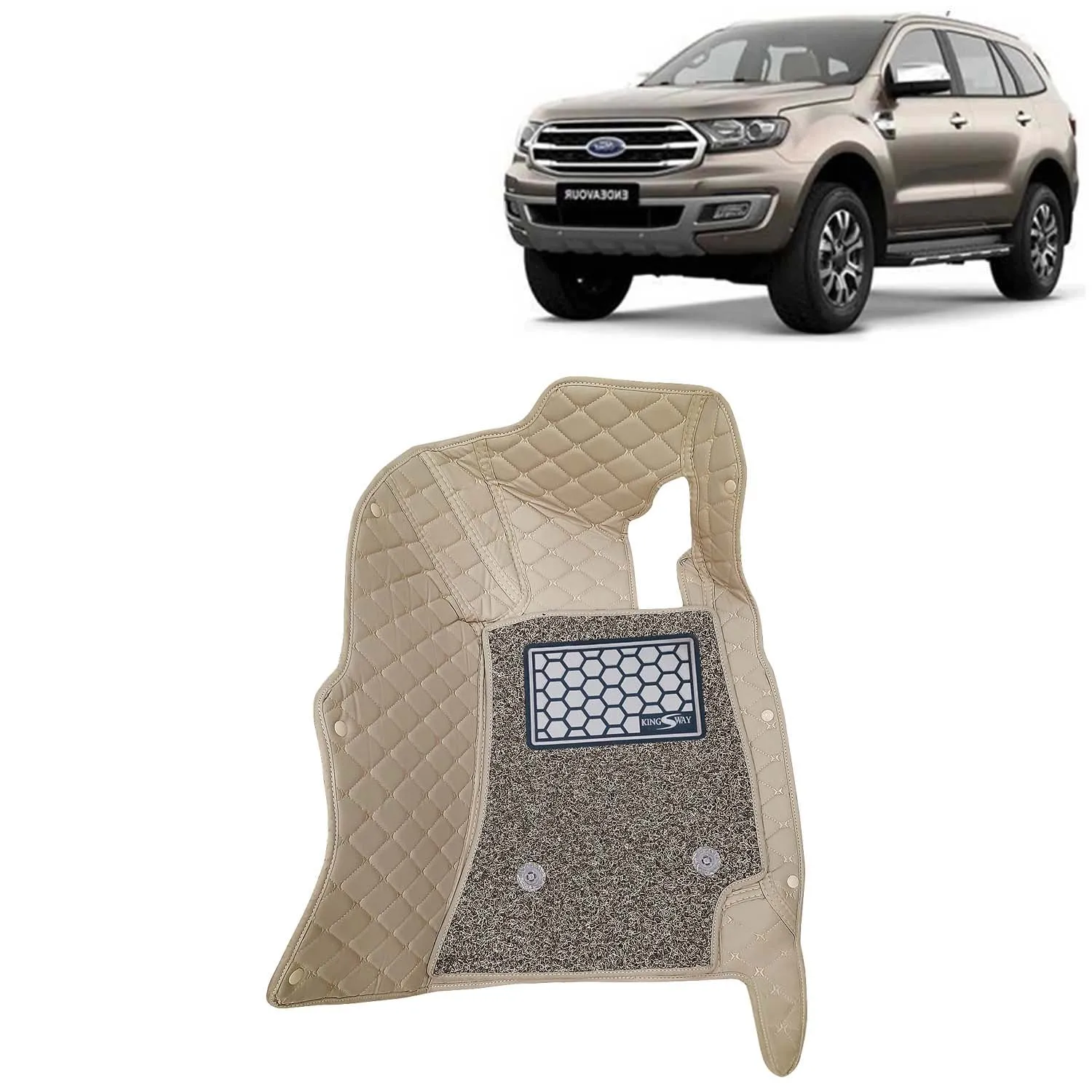 KINGSWAY® Endeavour 7D Car Mat for (Year 2019 to 2021), Compatible with Ford Endeavour Car Floor Mats, Complete Set of 4 Pieces, Top-Notch PU Leatherette 7D Foot Mats, Washable, Beige