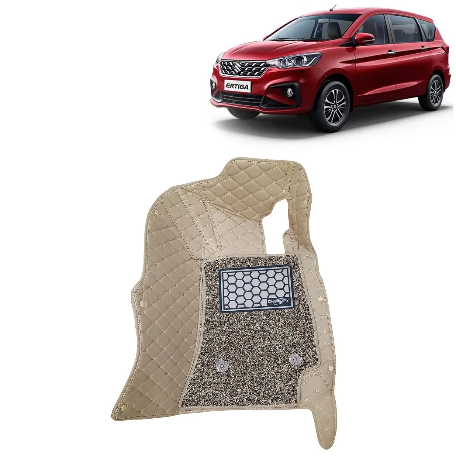 KINGSWAY® Ertiga 7D Car Mat for (Year 2022 Onwards), Compatible with Maruti Suzuki Ertiga Car Floor Mats, Complete Set of 4 Pieces, Top-Notch PU Leatherette 7D Foot Mats, Washable, Beige