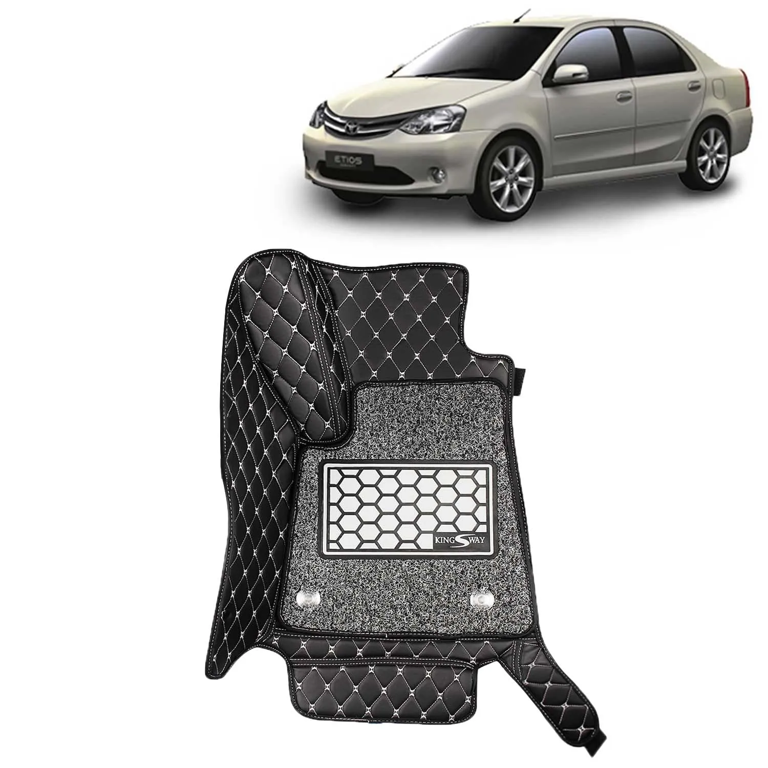 KINGSWAY® Etios 7D Car Mat for (Year 2010 to 2020), Compatible with Toyota Etios Car Floor Mats, Complete Set of 3 Pieces, Top-Notch PU Leatherette 7D Foot Mats, Washable, Black