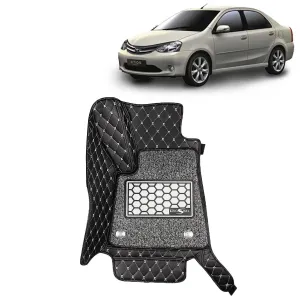KINGSWAY® Etios 7D Car Mat for (Year 2010 to 2020), Compatible with Toyota Etios Car Floor Mats, Complete Set of 3 Pieces, Top-Notch PU Leatherette 7D Foot Mats, Washable, Black