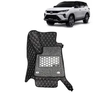 KINGSWAY® Fortuner 7D Car Mat for (Year 2021 Onwards), Compatible with Toyota Fortuner Car Floor Mats, Complete Set of 4 Pieces, Top-Notch PU Leatherette 7D Foot Mats, Washable, Black