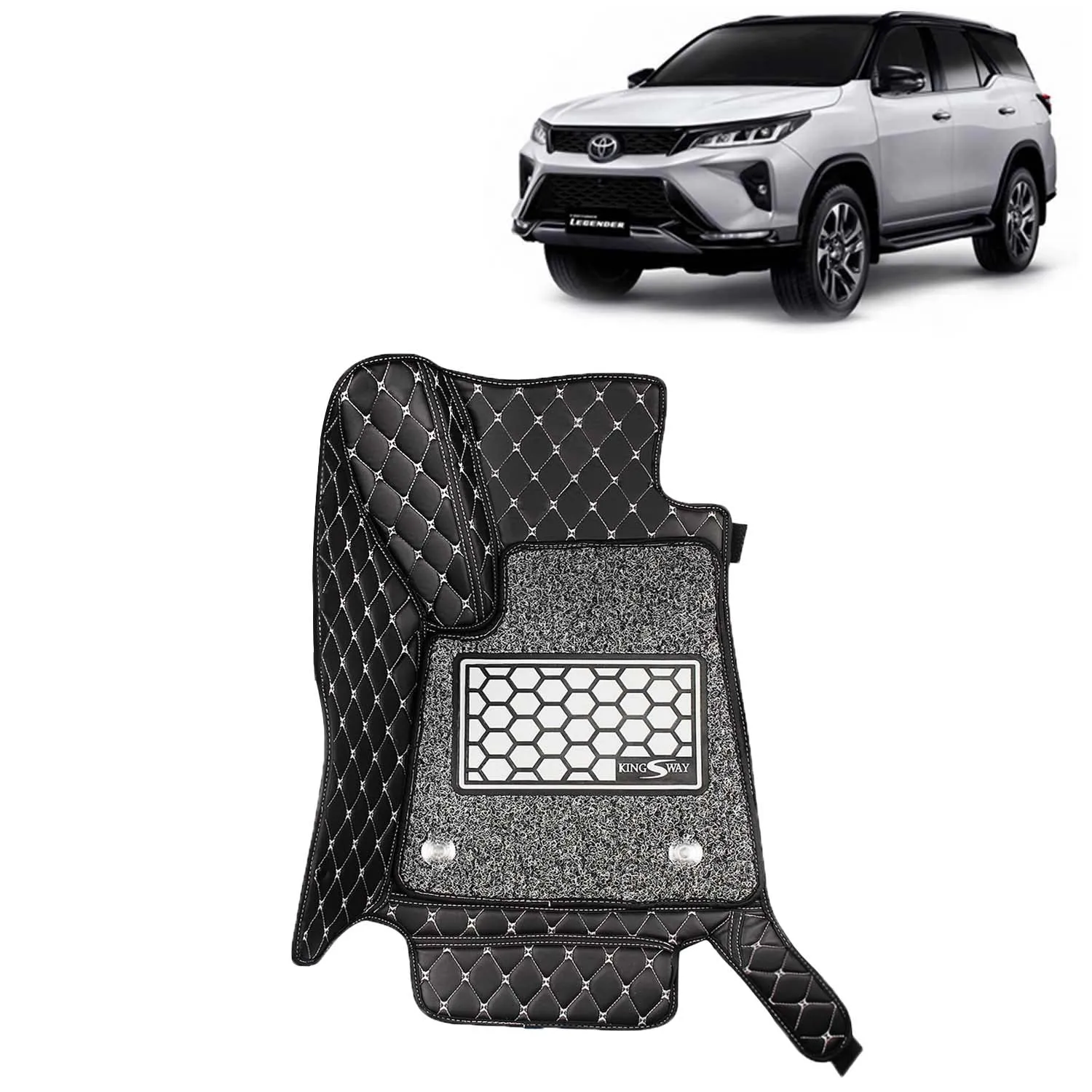 KINGSWAY® Fortuner 7D Car Mat for (Year 2021 Onwards), Compatible with Toyota Fortuner Car Floor Mats, Complete Set of 4 Pieces, Top-Notch PU Leatherette 7D Foot Mats, Washable, Black