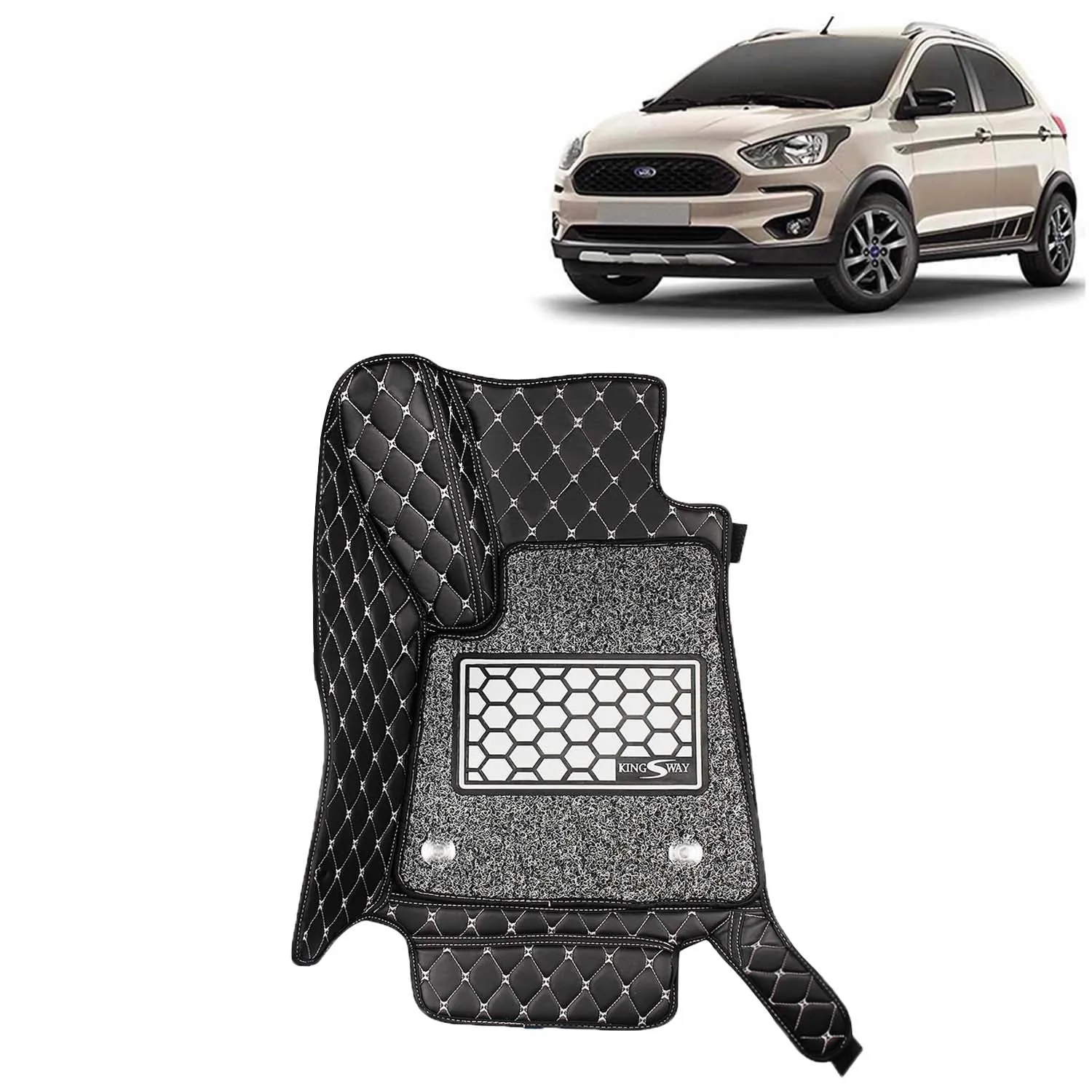 KINGSWAY® Freestyle 7D Car Mat for (Year 2018 to 2021), Compatible with Ford Freestyle Car Floor Mats, Complete Set of 3 Pieces, Top-Notch PU Leatherette 7D Foot Mats, Washable, Black