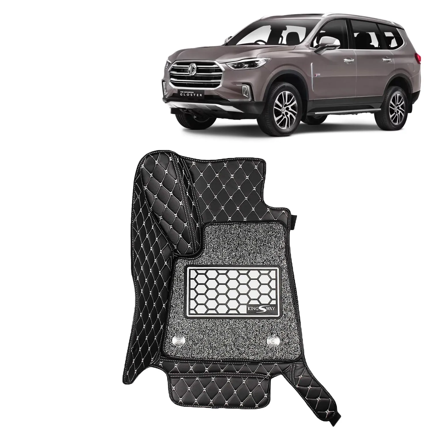 KINGSWAY® Gloster 7D Car Mat for (Year 2020 Onwards), Compatible with Morris Garages (MG) Gloster 6 Seater Car Floor Mats, Complete Set of 4 Pcs, Top-Notch PU Leatherette 7D Foot Mats, Washable, Black