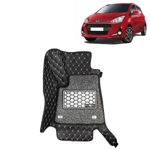 KINGSWAY® Grand I10 7D Car Mat for (Year 2017 to 2019), Compatible with Hyundai Grand I10 Car Floor Mats, Complete Set of 3 Pieces, Top-Notch PU Leatherette 7D Foot Mats, Washable, Black