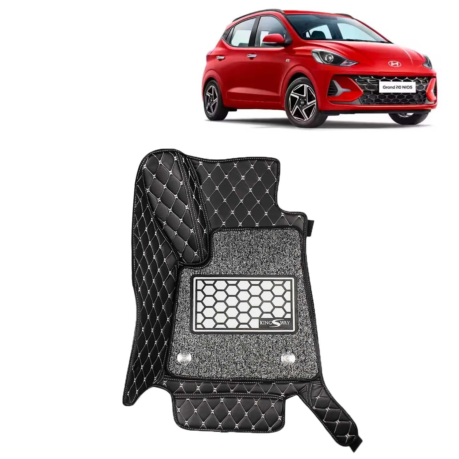 KINGSWAY® Grand I10 Nios 7D Car Mat for (Year 2023 Onwards), Compatible with Hyundai Grand I10 Nios Car Floor Mats, Complete Set of 3 Pieces, Top-Notch PU Leatherette 7D Foot Mats, Washable, Black