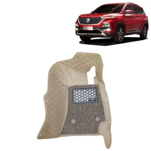 KINGSWAY® Hector 7D Car Mat for (Year 2019 to 2022), Compatible with Morris Garages (MG) Hector Car Floor Mats, Complete Set of 3 Pieces, Top-Notch PU Leatherette 7D Foot Mats, Washable, Beige