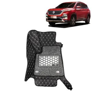 KINGSWAY® Hector 7D Car Mat for (Year 2019 to 2022), Compatible with Morris Garages (MG) Hector Car Floor Mats, Complete Set of 3 Pieces, Top-Notch PU Leatherette 7D Foot Mats, Washable, Black