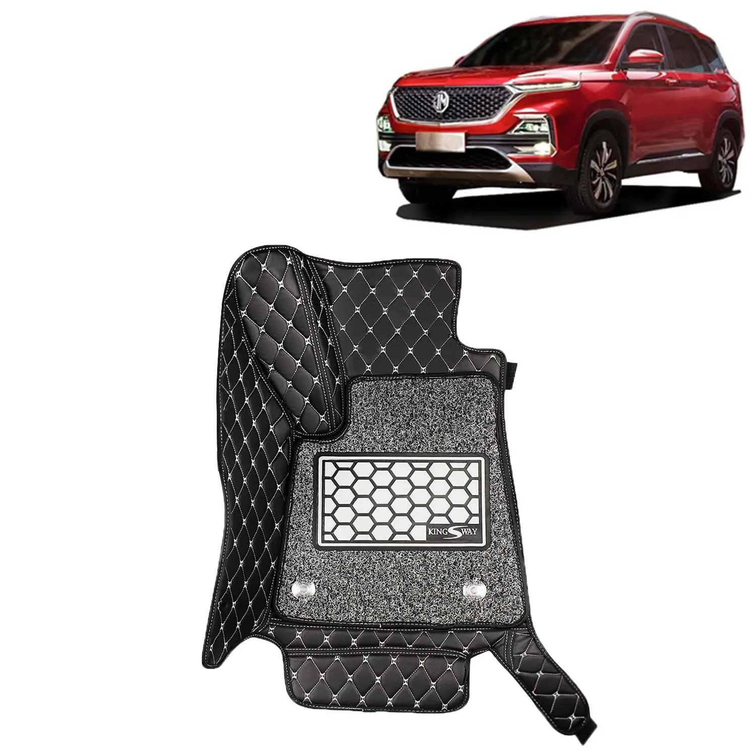 KINGSWAY® Hector 7D Car Mat for (Year 2019 to 2022), Compatible with Morris Garages (MG) Hector Car Floor Mats, Complete Set of 3 Pieces, Top-Notch PU Leatherette 7D Foot Mats, Washable, Black