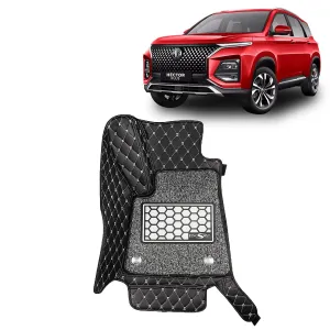 KINGSWAY® Hector Plus 7D Car Mat for (Year 2020 Onwards), Compatible with Morris Garages (MG) Hector Plus 7 Seater Car Floor Mats, Set of 4 Pcs, Top-Notch PU Leatherette 7D Foot Mats, Washable, Black